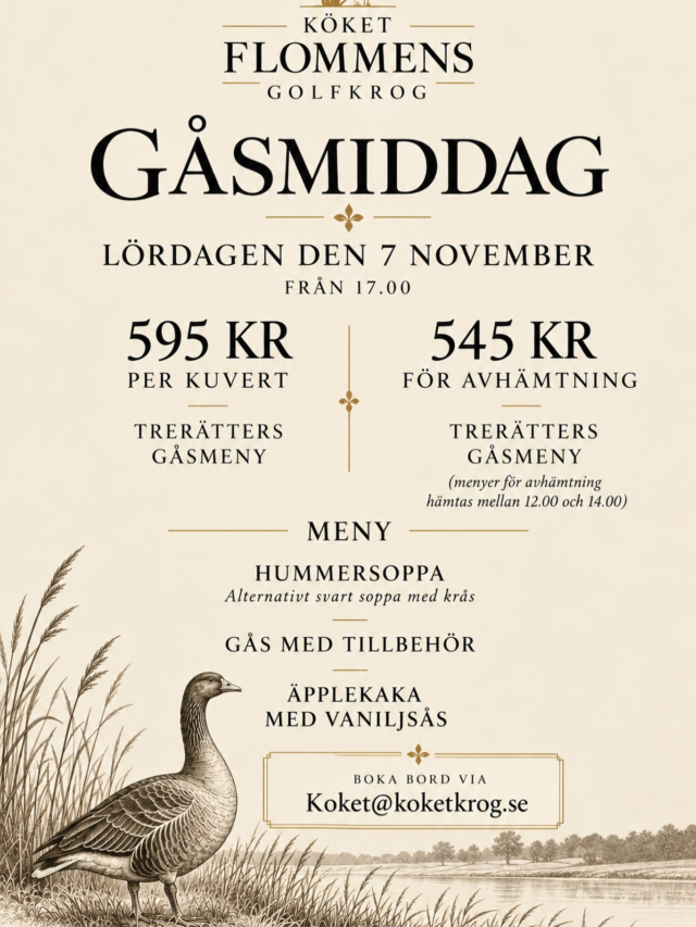 Köket bjuder in till Gåsmiddag.
Lördag 7/11.

Bokning via
Koket@koketkrog.se